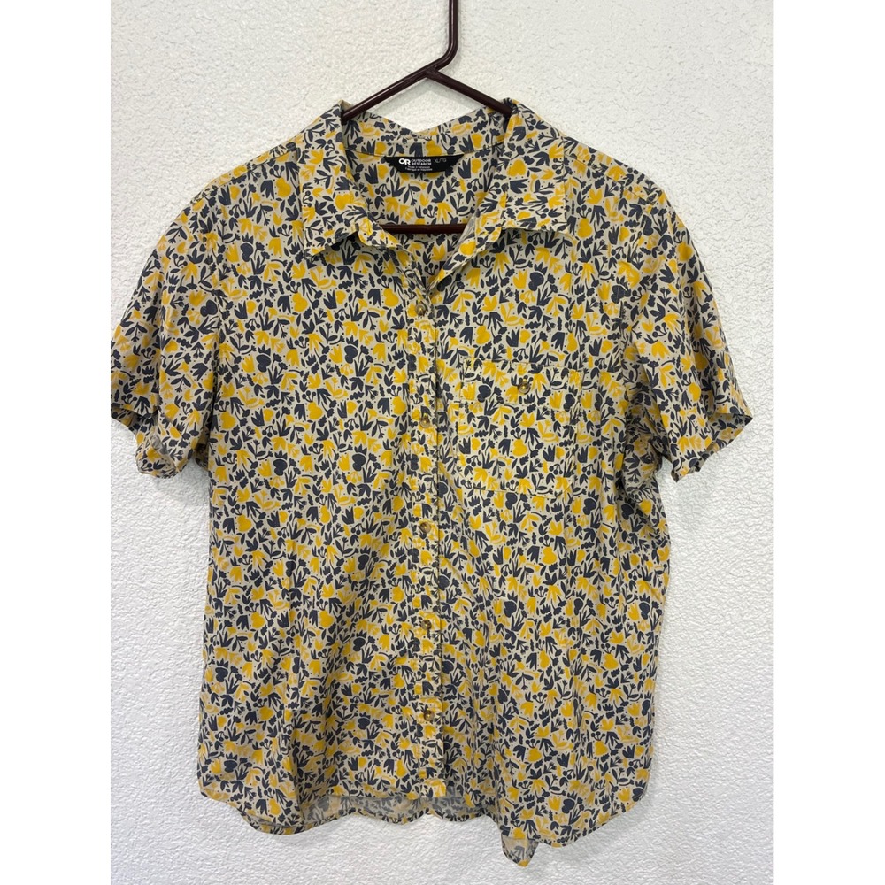 Outdoor Research Womens XL Yellow Floral Button Up Short Sleeve Hiking Shirt